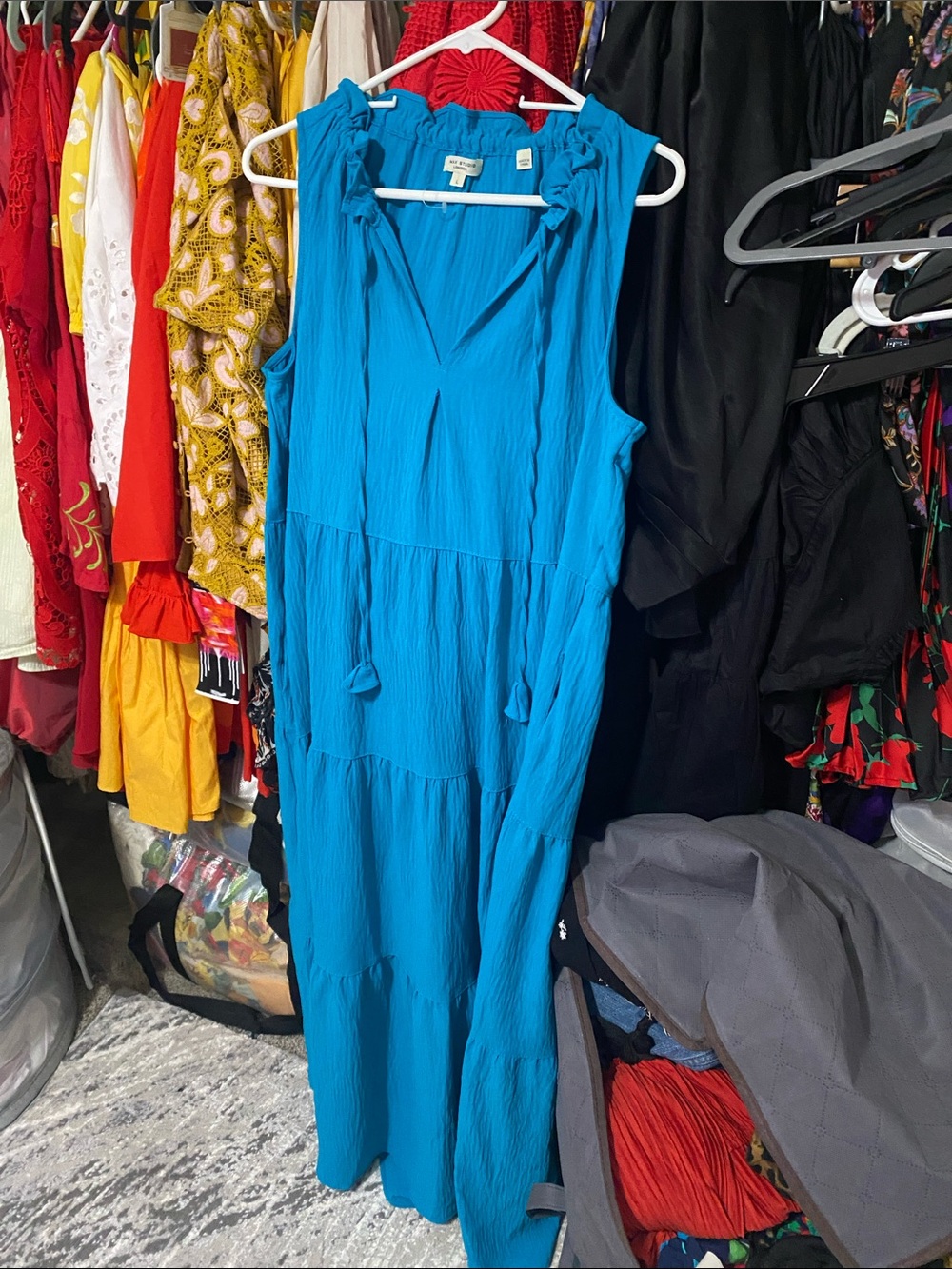 Max Studio Turquoise Blue Tiered Maxi Dress with Ruffle Neck